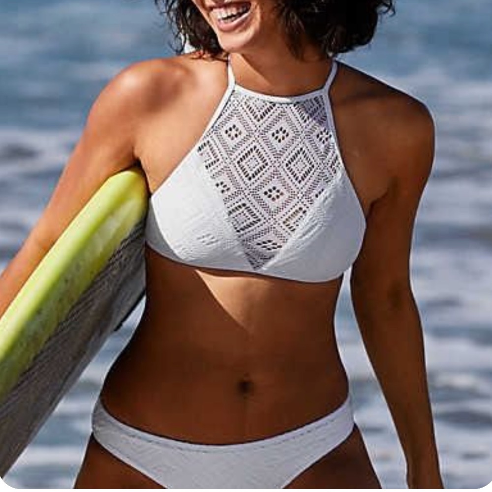 Aerie high neck lace mesh Bikini Top white M